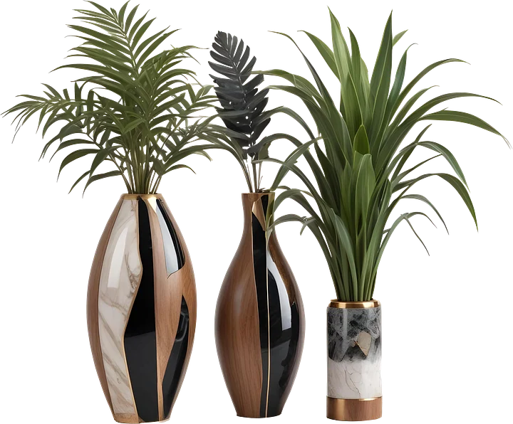 Dream of Eternity Collection – Trio of Art Deco Vases with Greenery – PNG product image (1)