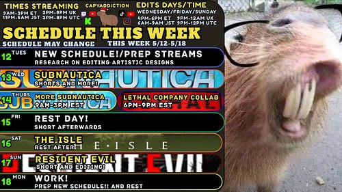 New schedule this week!  I over extended myself quite hard yesterday between work and two streams and waking up at 4am So tod...