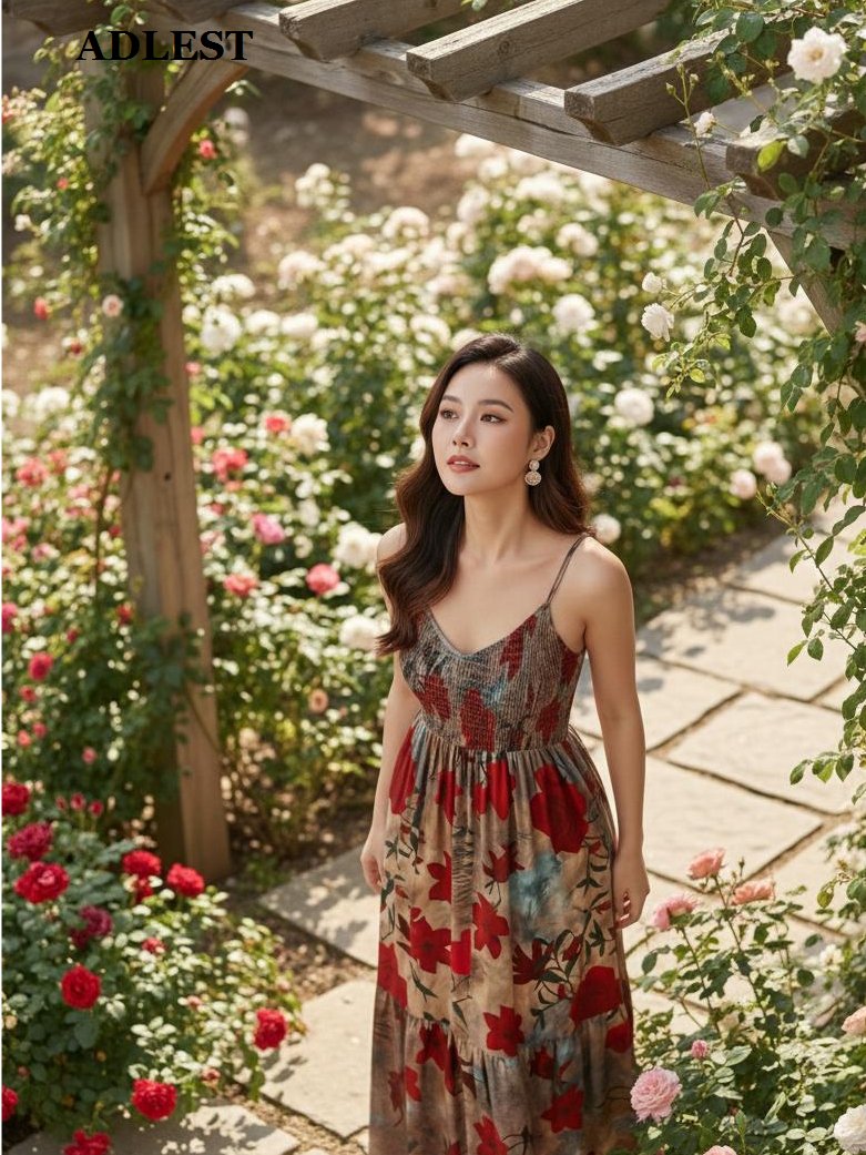 ADLEST | Women's Vintage Floral Print Elegant Woven Backless A-Line Dress, Party, Date Night, Spring product image (5)