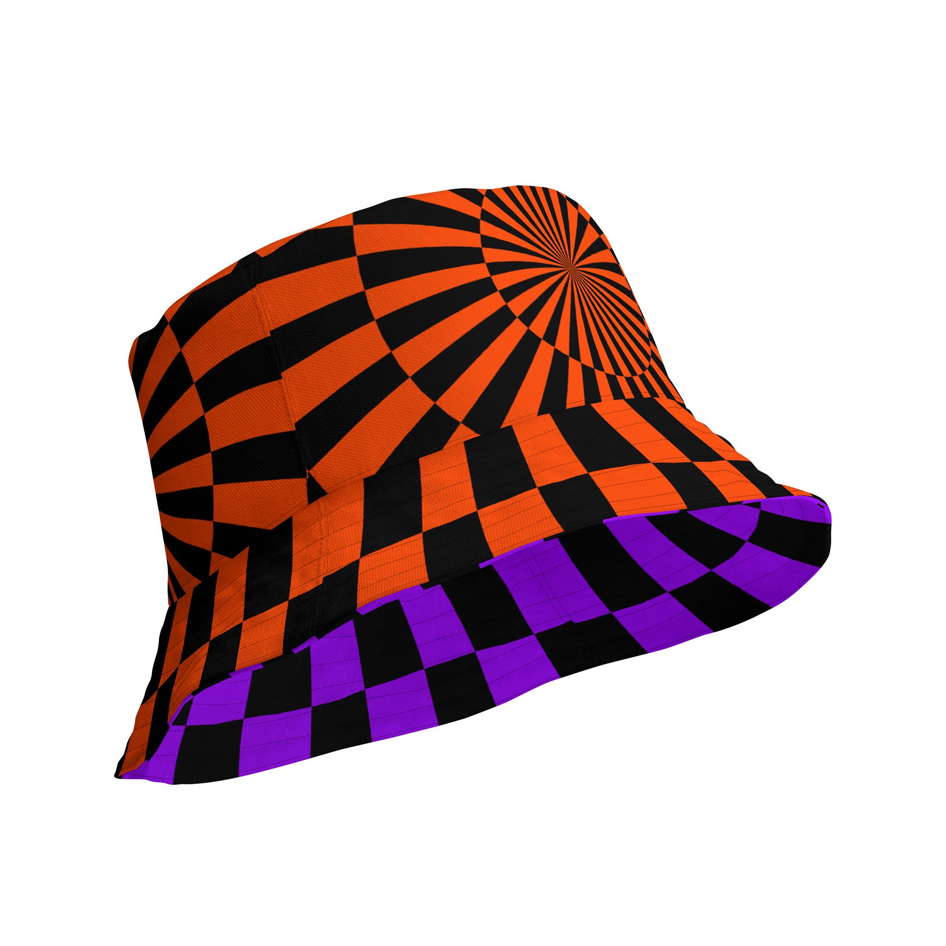 Psychedelic Rave Reversible Bucket Hat, Halloween Orange Black Purple Checkers Circus Accessory, Spiral Trippy Techno Festival Fashion product image (2)