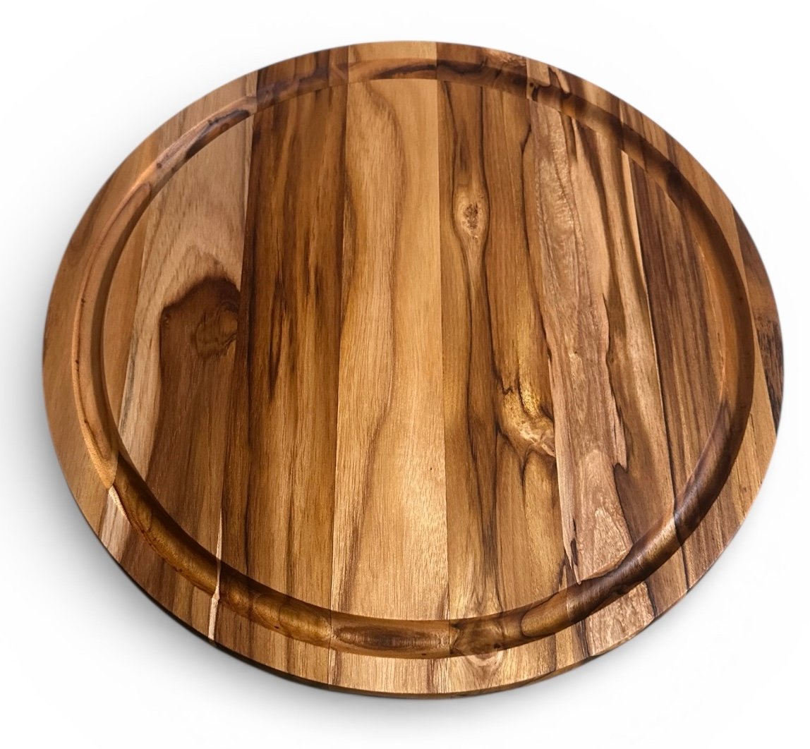 15” Round Solid Teak Cutting Board with Hand-Cut Juice Groove | Raised-Grain Finish | Food-Safe product image (7)