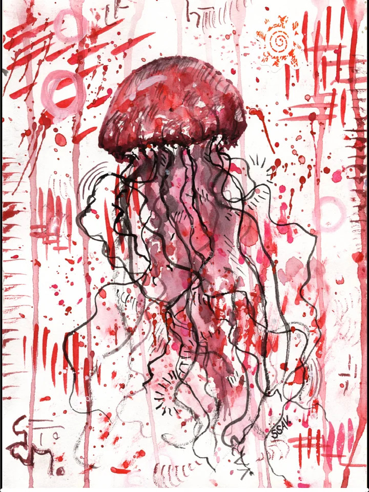 red jellyfish watercolor 4x6 print ssav. product image (1)