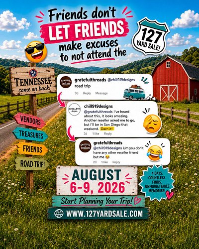 Friends don't let friends make excuses to 𝗻𝗼𝘁 𝗮𝘁𝘁𝗲𝗻𝗱 the #127YardSale. 😂

Comment 𝗣𝗟𝗔𝗡, and we'll send you everything you nee...
