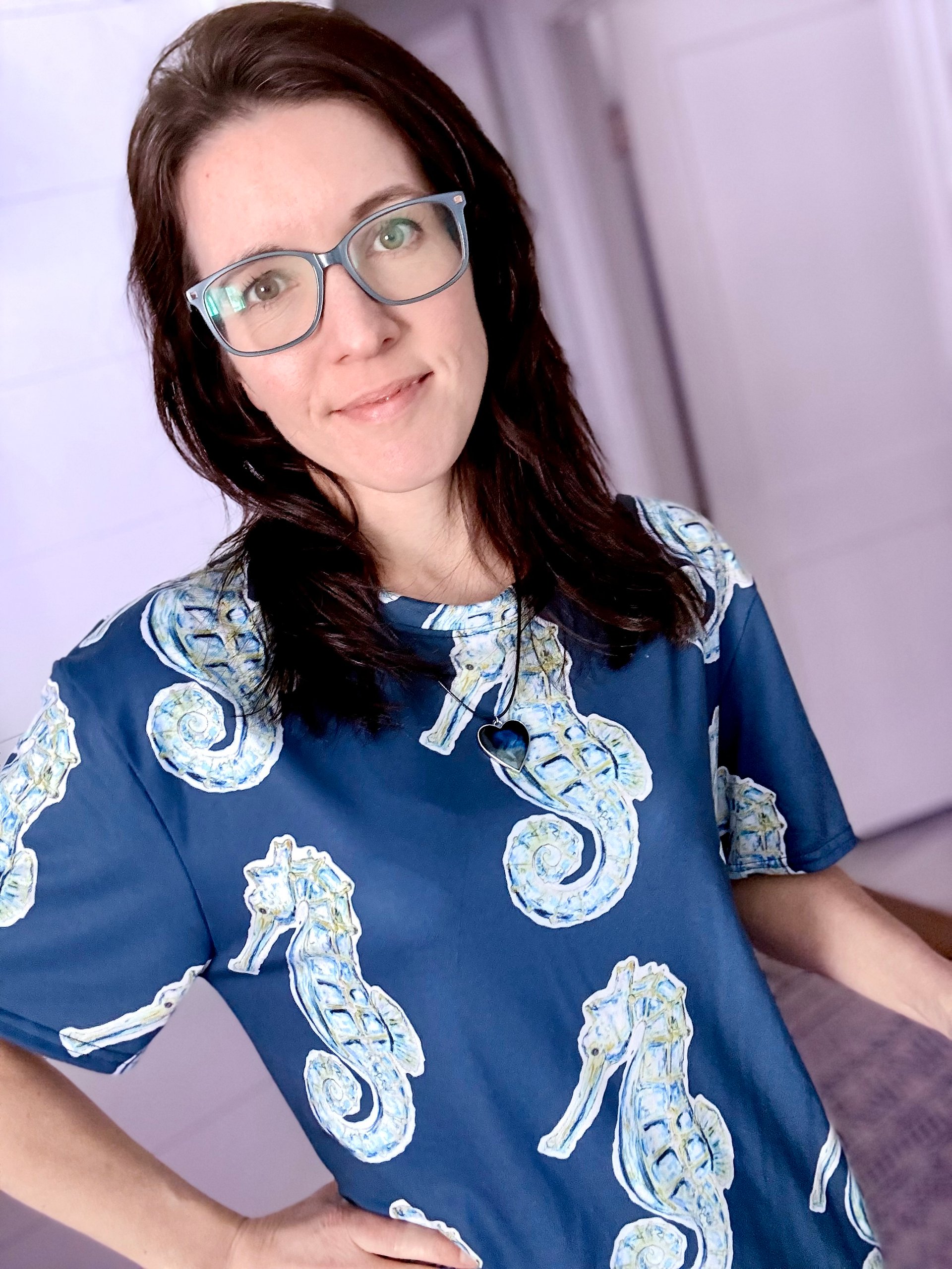 Ocean Majesty | Painted Seahorse | T-Shirt Dress | Coastal Oversized Dress | Ocean-Inspired Casual Style | Blue Whale Background product image (4)
