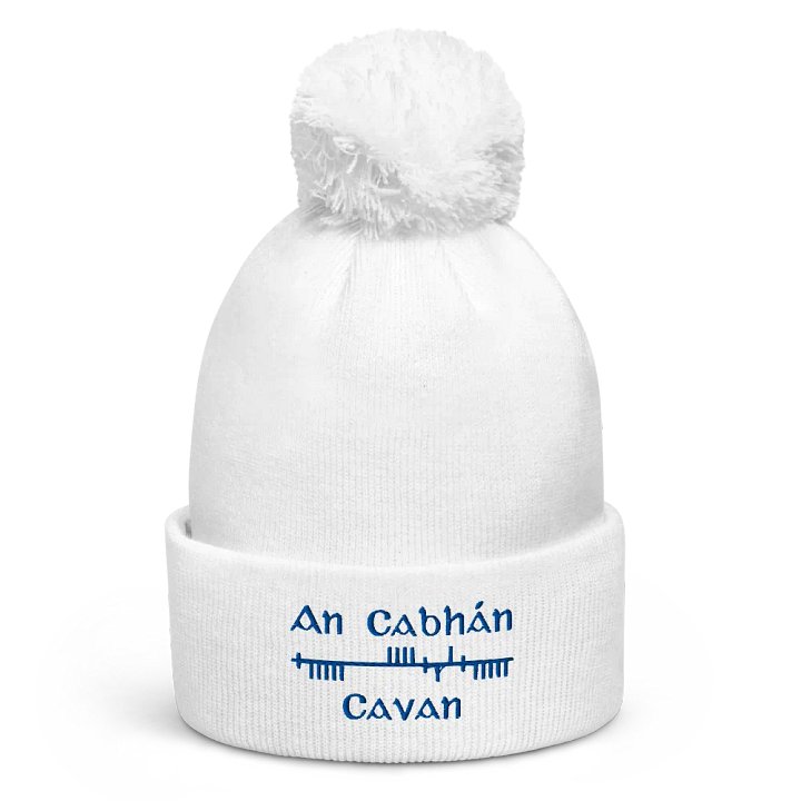 Cavan/An Cabhán Orthodox Style Ogham, white with blue, embroidered Pom-Pom Beanie product image (1)