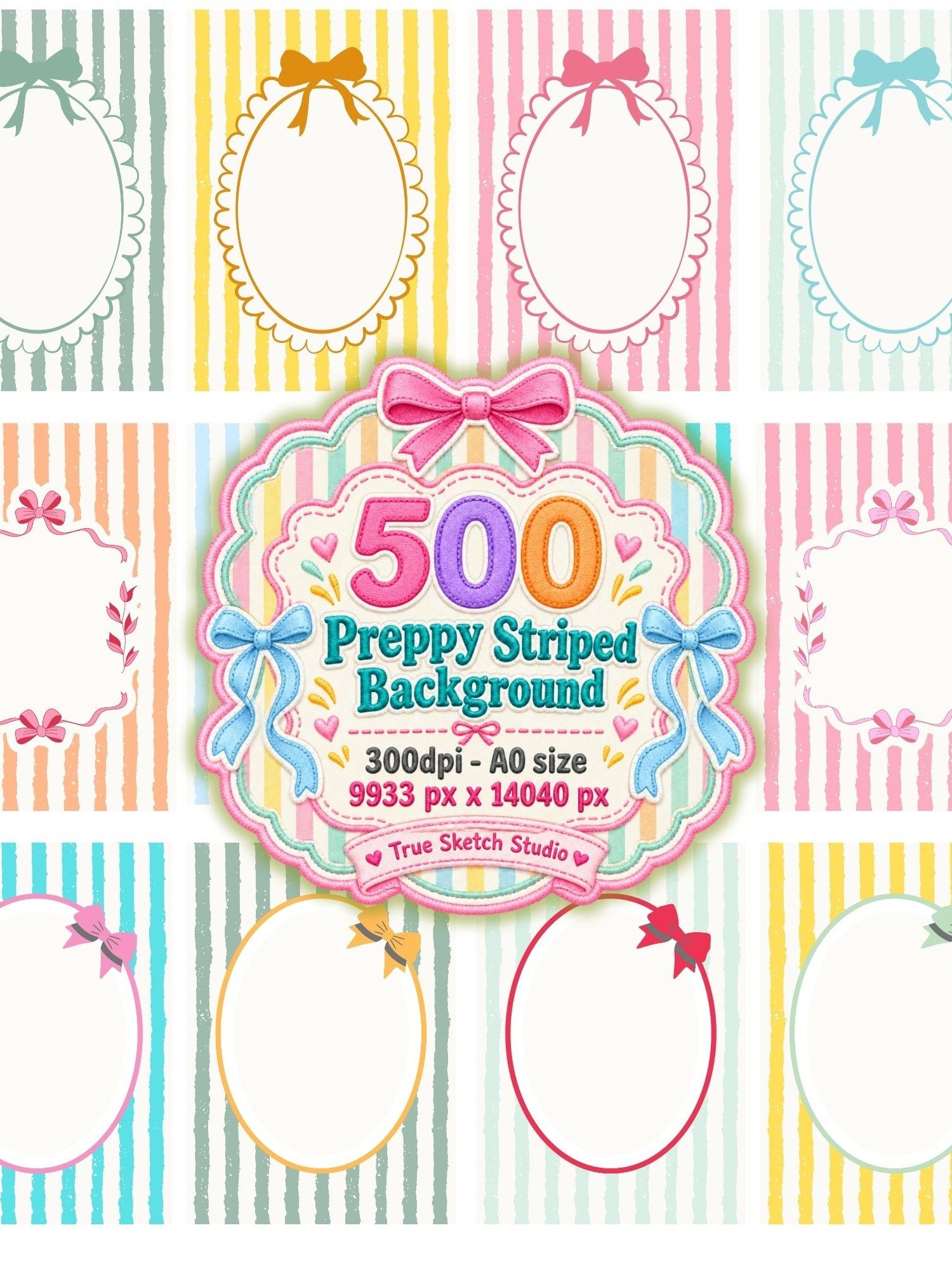 500 Preppy Striped Digital Paper Bundle, Pastel Coquette Bow Backgrounds, Scalloped Frames, Printable Stationery, Scrapbook Pages, A0 300DPI product image (5)