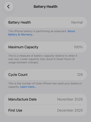 Roughly 6 months into the iPhone 17 Pro Max and even with 129 cycle counts, my battery health is still at 100%. Crazy impress...