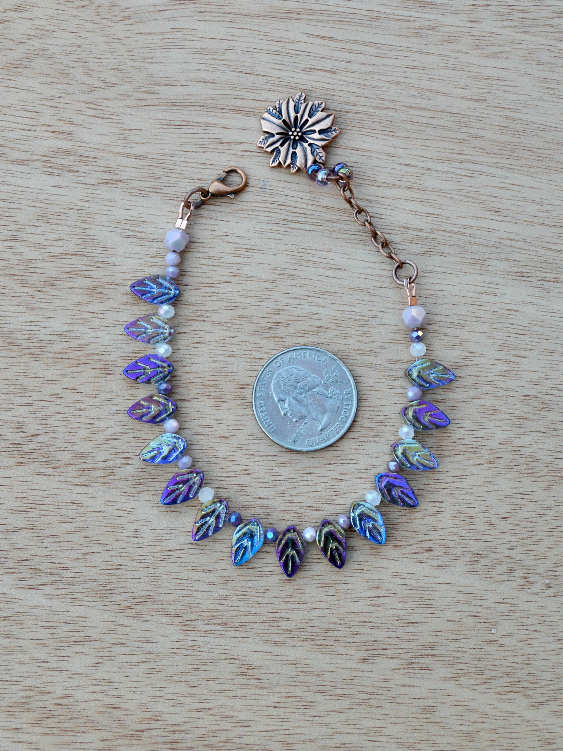 Iridescent Purple Leaf Bracelet With Copper Flower Charm and Extender Chain product image (4)