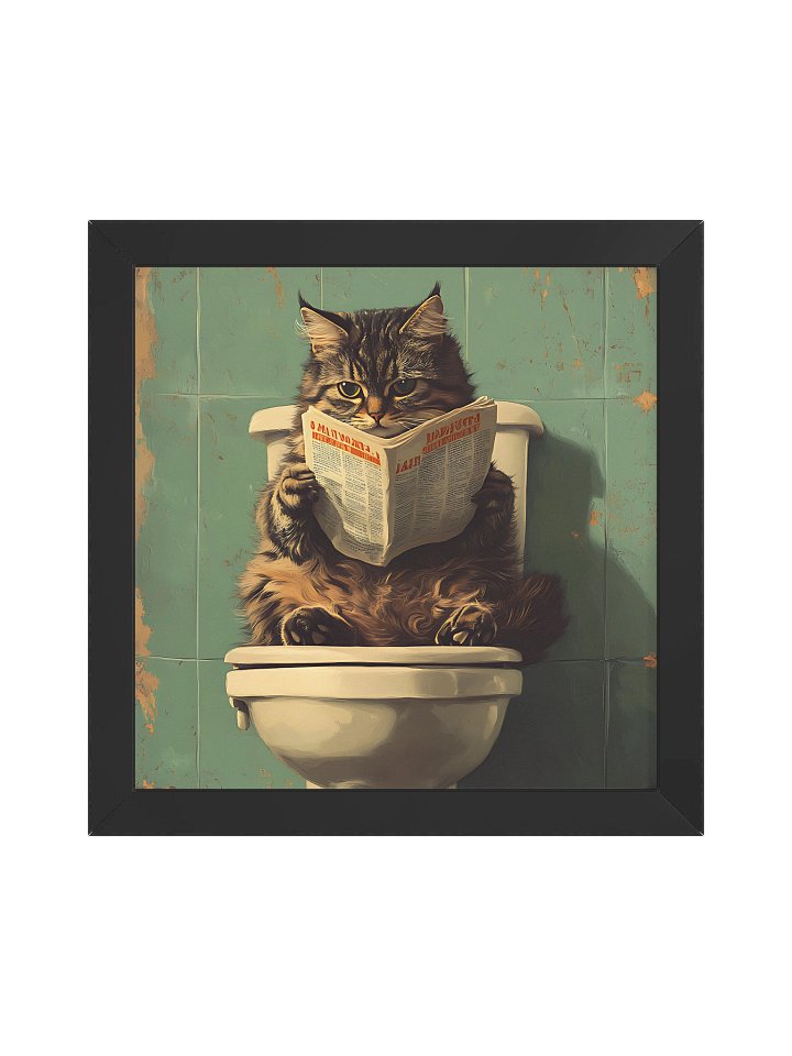 Funny bathroom cat reading newspaper wall art for quirky home decor teal retro aesthetic print for cat lovers gif product image (1)