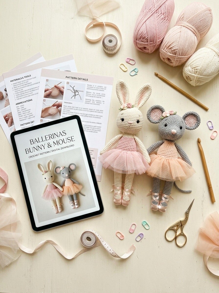 Ballerinas Bunny and Mouse Crochet Pattern PDF – Create Your Own Adorable Ballerina Dolls! 🐰🐭🩰 product image (2)