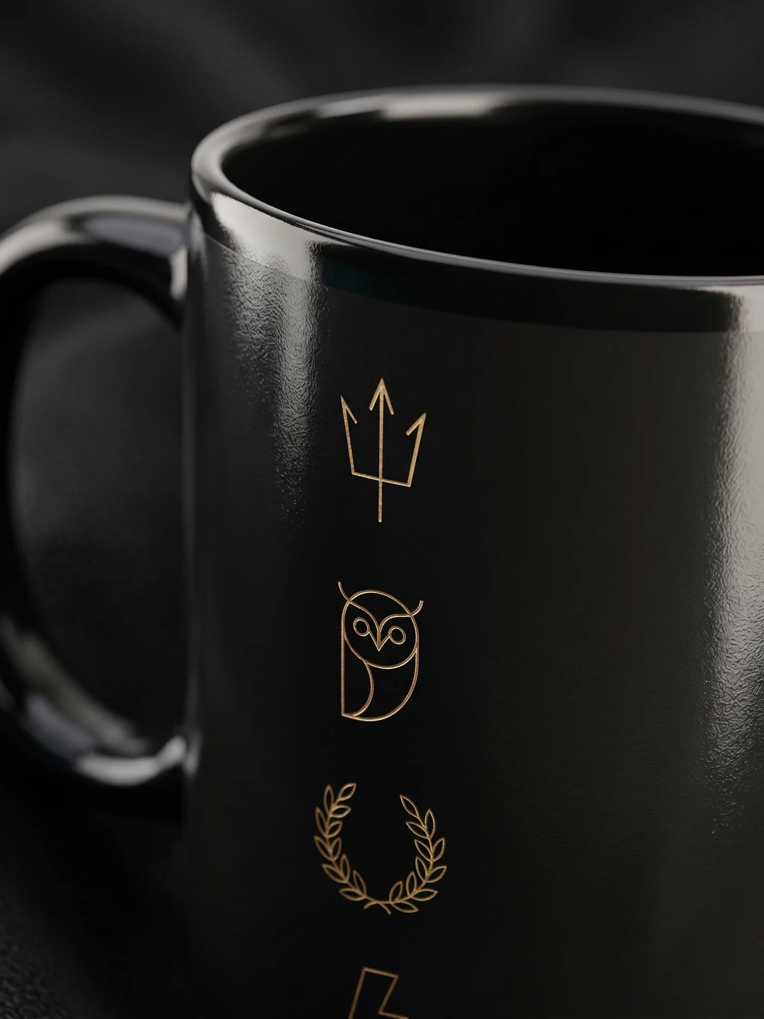 Greek Mythology Symbol Mug – Minimal Trident, Owl & Laurel Design in Black & Gold product image (2)