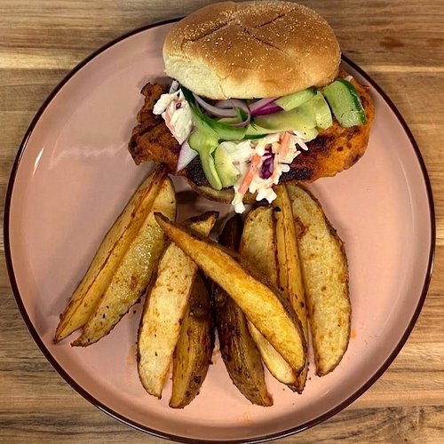 Nashville Hot Chicken Sandwich topped with Cucumber Salad and Coleslaw and a side of Seasoned Potato Wedges.
#trusttheprocess...