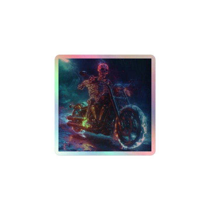 Flaming Skeleton Motorcycle Holographic Sticker product image (1)