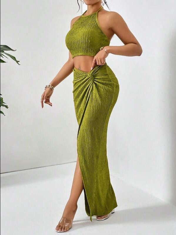 Firerie Solid Crop Halter Top & Twist Front Split Thigh Skirt Two Piece product image (4)