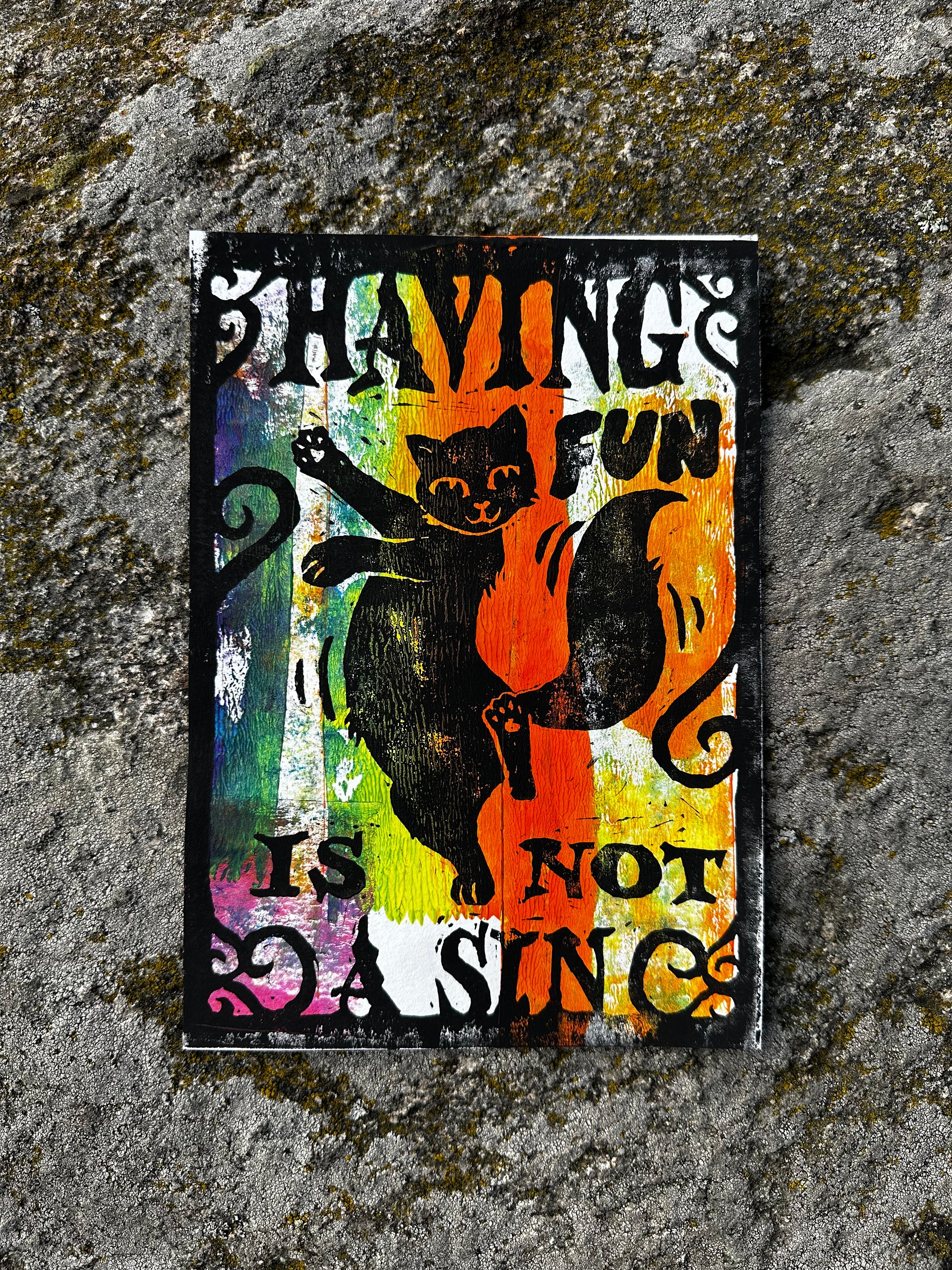 HAVING FUN IS NOT A SIN dancing cat original lino print (8) product image (1)