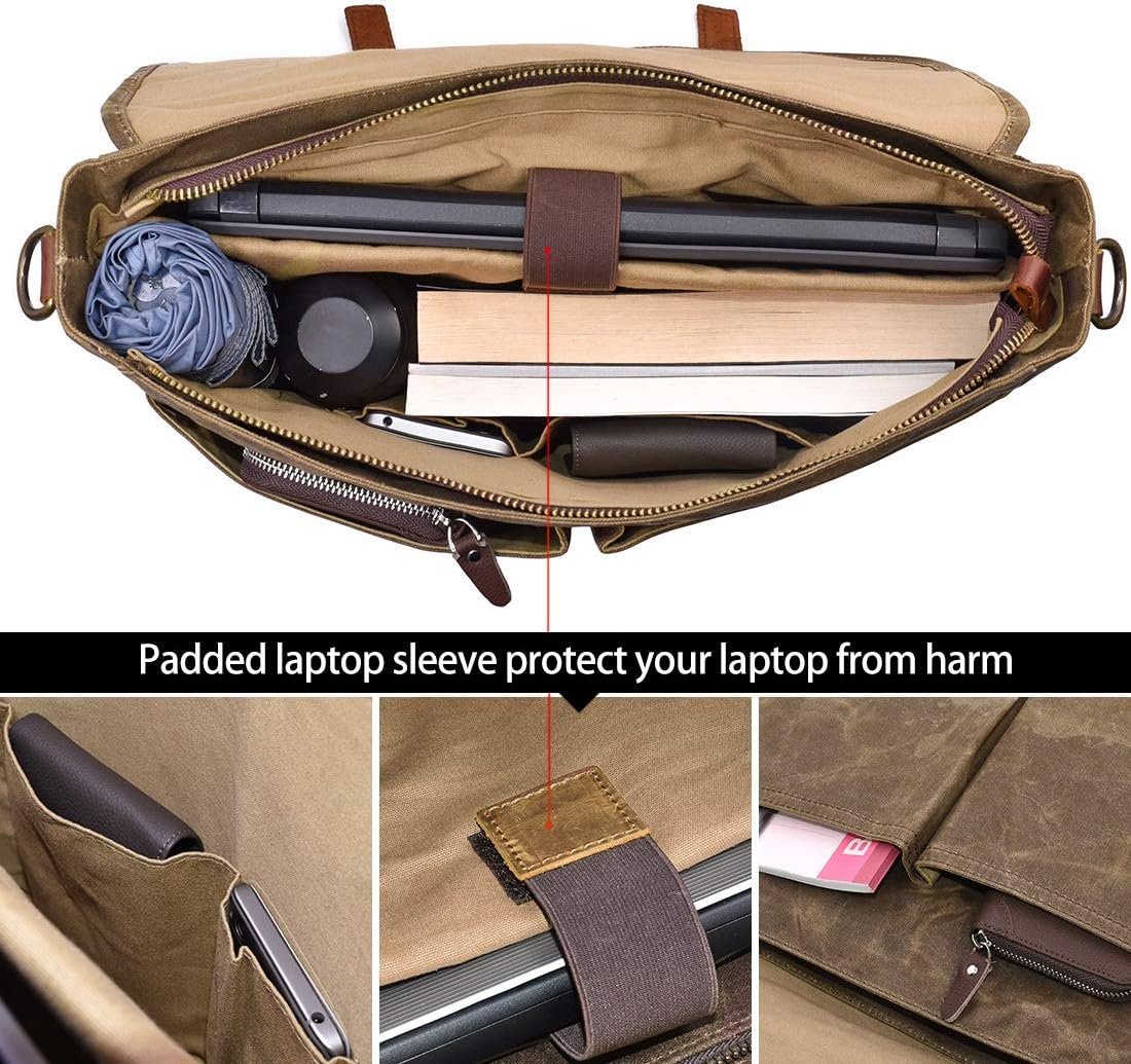 MEEBOY Mens Messenger Bag 15.6 Inch Waterproof Vintage Genuine Leather Waxed Canvas Briefcase Large Satchel Shoulder Bag Rugged Leather Computer Laptop Bag product image (3)