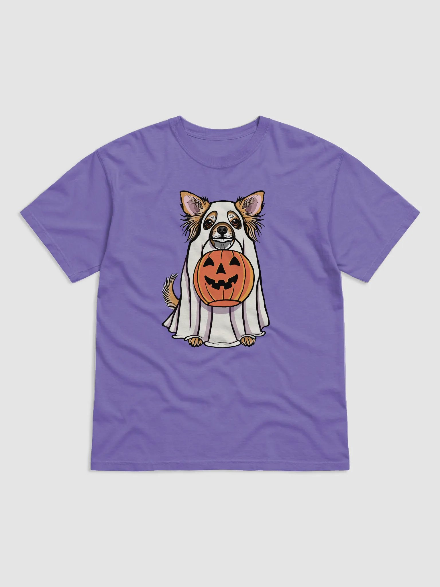 Funny Halloween Longhaired Chihuahua T-Shirt | Funny Chihuahua Wearing a Ghost Costume and Holding a Pumpkin Basket product image (1)