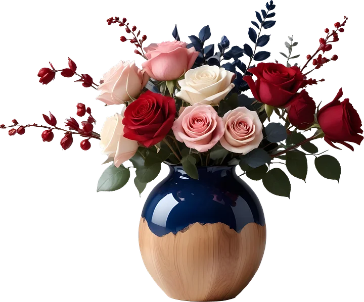 Blue and Natural Wood Vase with Romantic Rose Bouquet PNG product image (1)