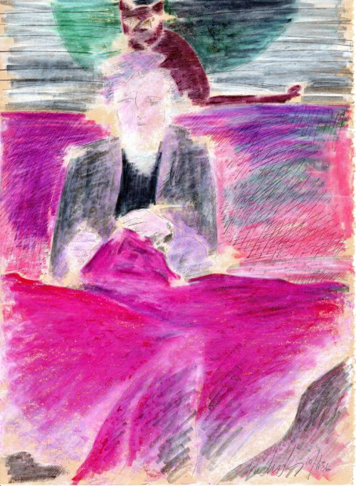 Woman sewing with cat 10.09.86 print product image (1)