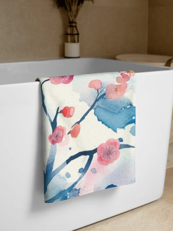 Traditional Japanese Watercolor Beach Towel - Pink Plum Blossom Towel product image (3)