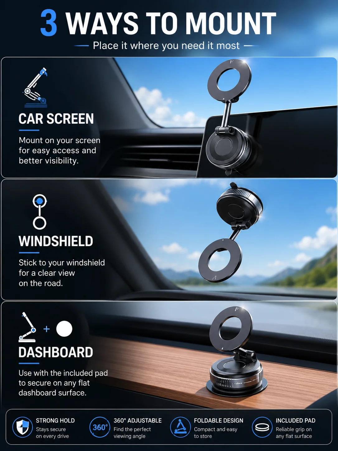 360° Magnetic Car Phone Holder – Foldable Suction Cup Mount for MagSafe Phones product image (3)