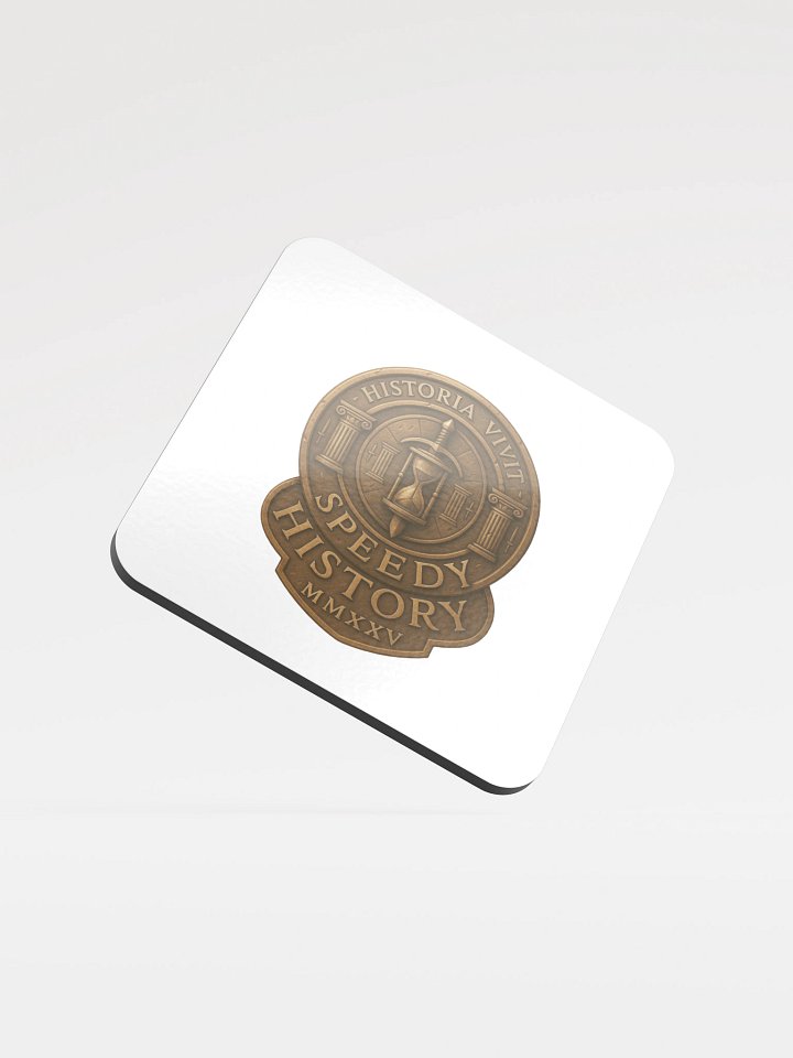 Speedy History™ “Historia Vivit” Glossed Cork Coaster (3.74" × 3.74") — White with Bronze Seal | High-Gloss Top | Absorbent Cork product image (1)