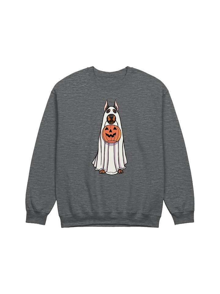 Funny Halloween Doberman Sweatshirt | Funny Doberman Wearing a Ghost Costume and Holding a Pumpkin Basket product image (1)