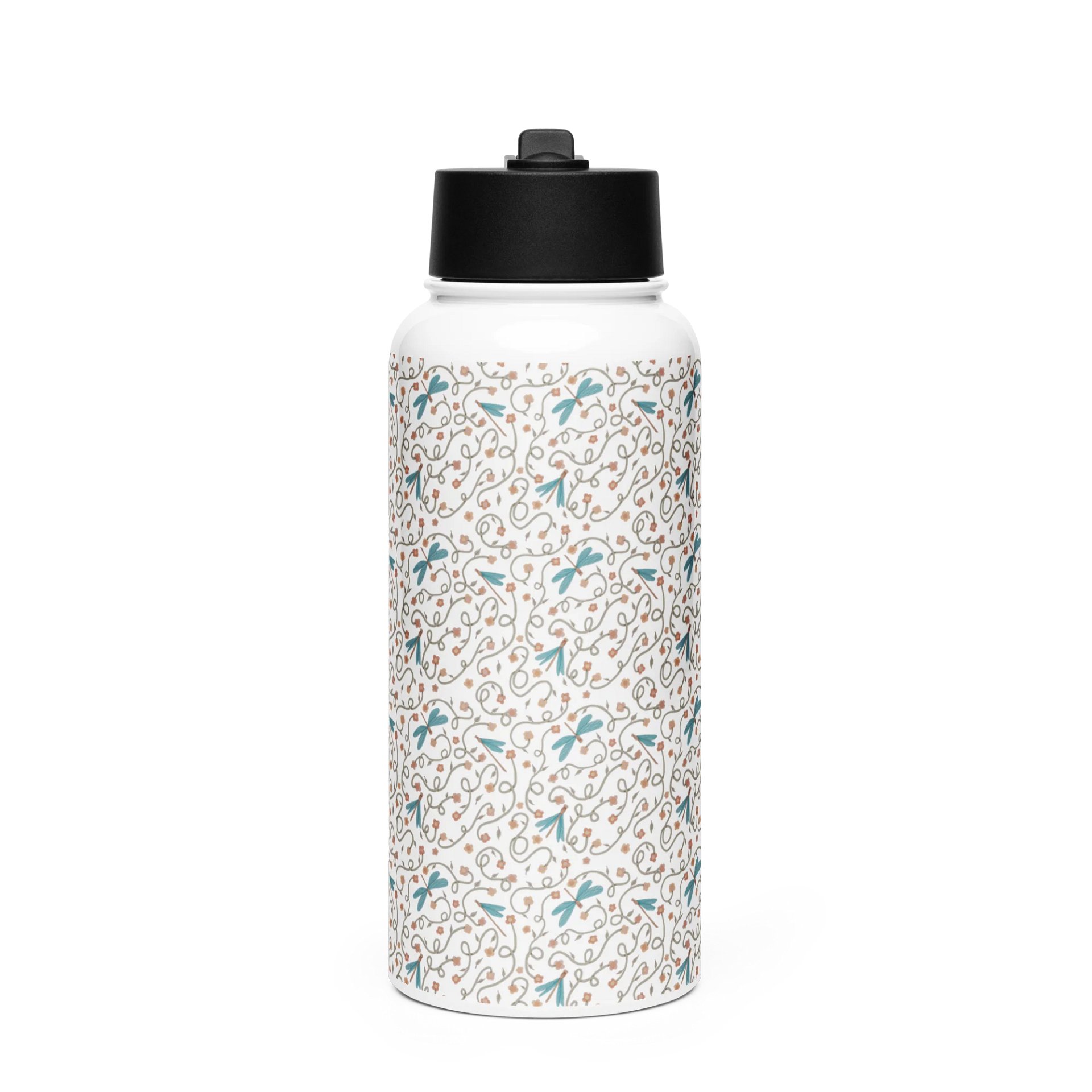 Stainless steel water bottle with straw lid. Dragonfly and floral artistic design product image (1)