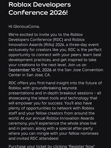 Not able to attend in person this year, but I did register for a virtual ticket

#roblox #rdc26