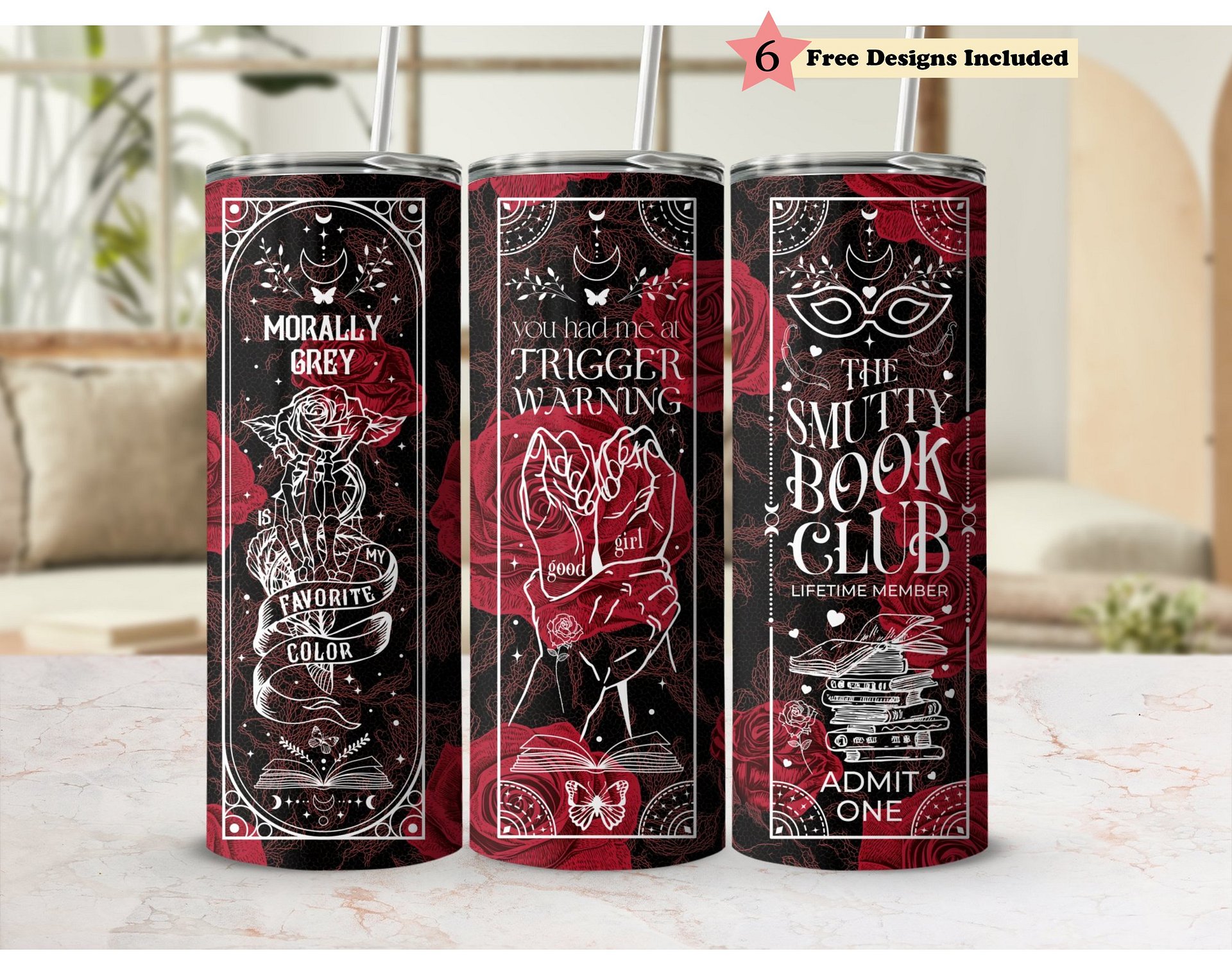 Smutty Book Reader Dark Romance, Trigger Warning, Skeleton Rose 20oz Tumbler Full Wrap PNG, Seamless Sublimation Design, Digital Download product image (1)