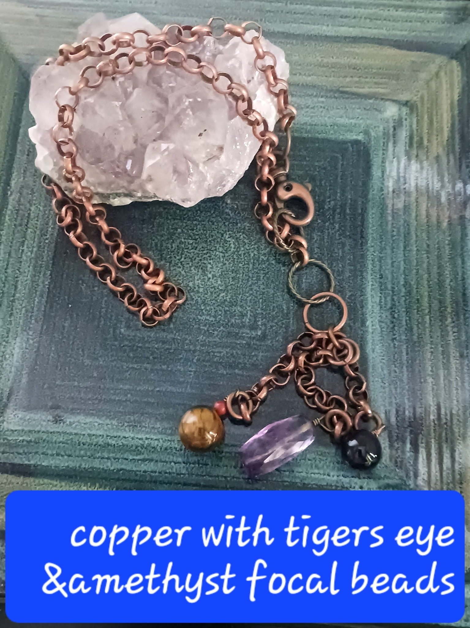 Handmade Copper Necklace with Tiger's Eye and Amethyst Focal Beads product image (1)