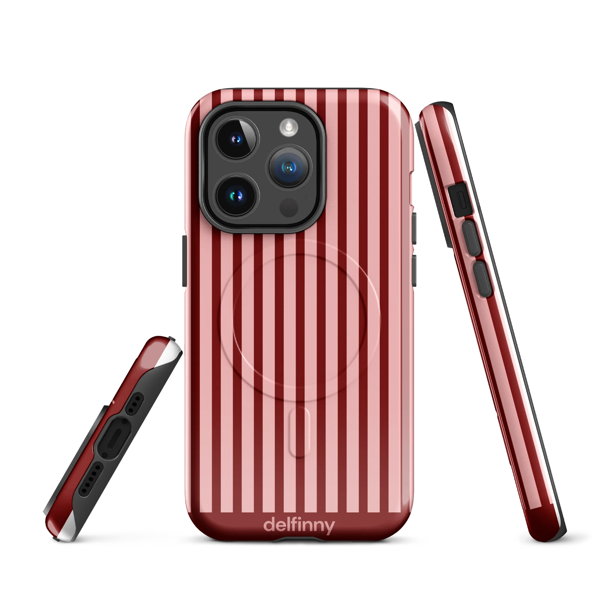 Striped Phone Case for iPhone 14 & 15 Series – MagSafe Compatible (Glossy Burgundy) product image (3)
