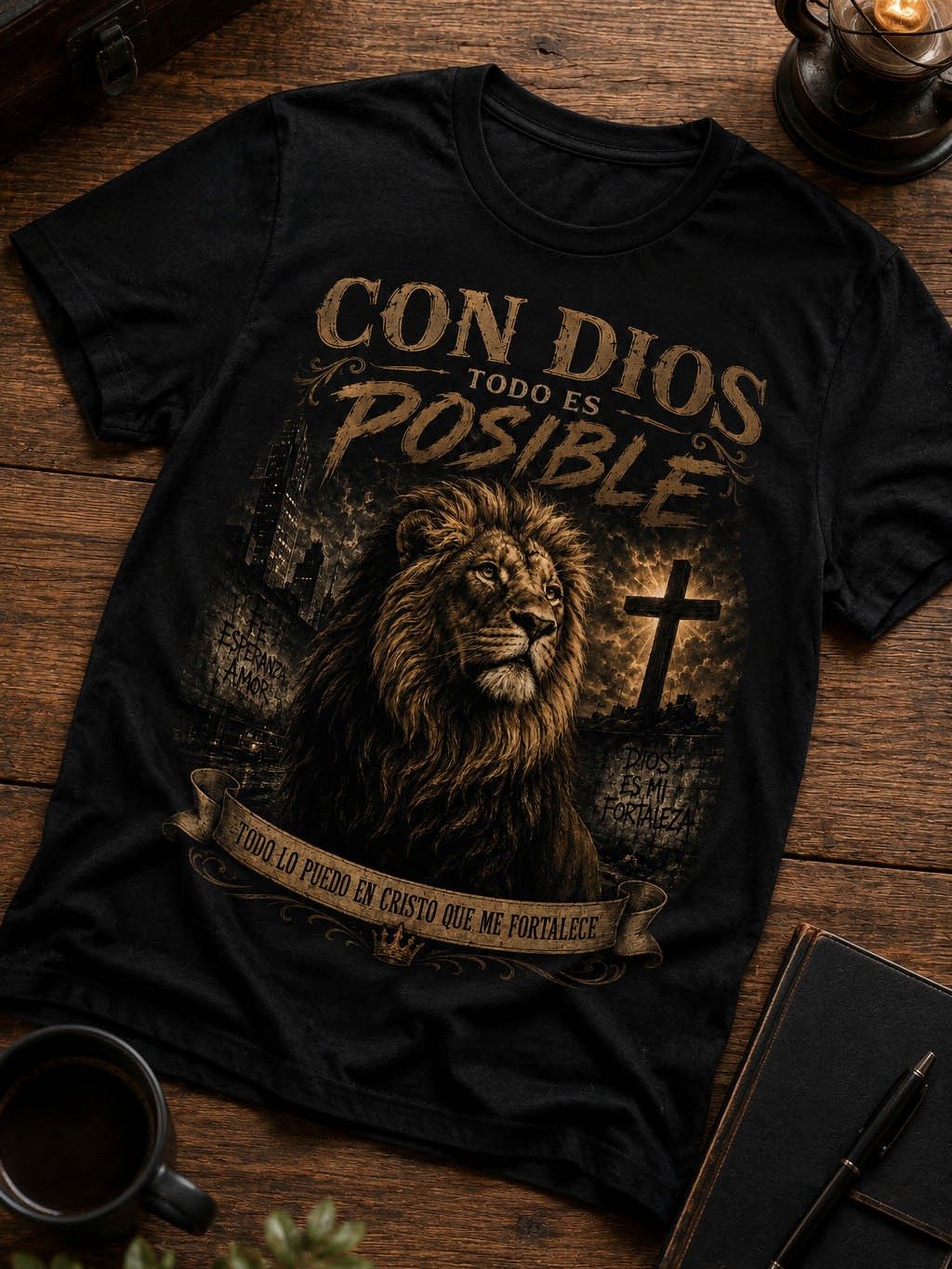 Con Dios Todo Es Posible – Camiseta Cristiana con León de Fe para Hombre product image (4)