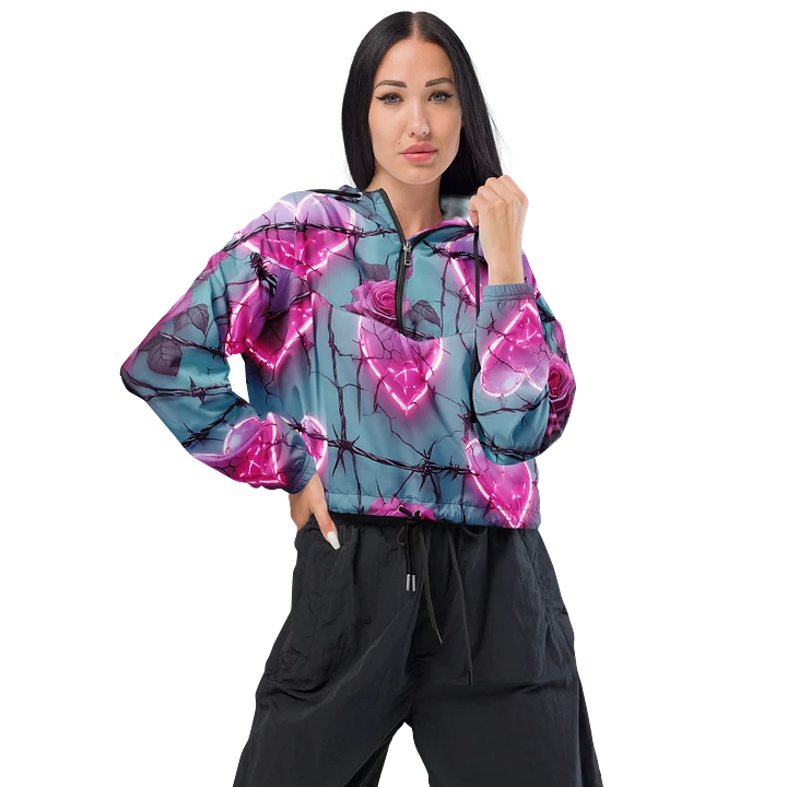 Neon Barbed Rose Heart Cropped Windbreaker - Glow Pink Shattered Hearts All-Over Print Women's Lightweight Jacket product image (1)