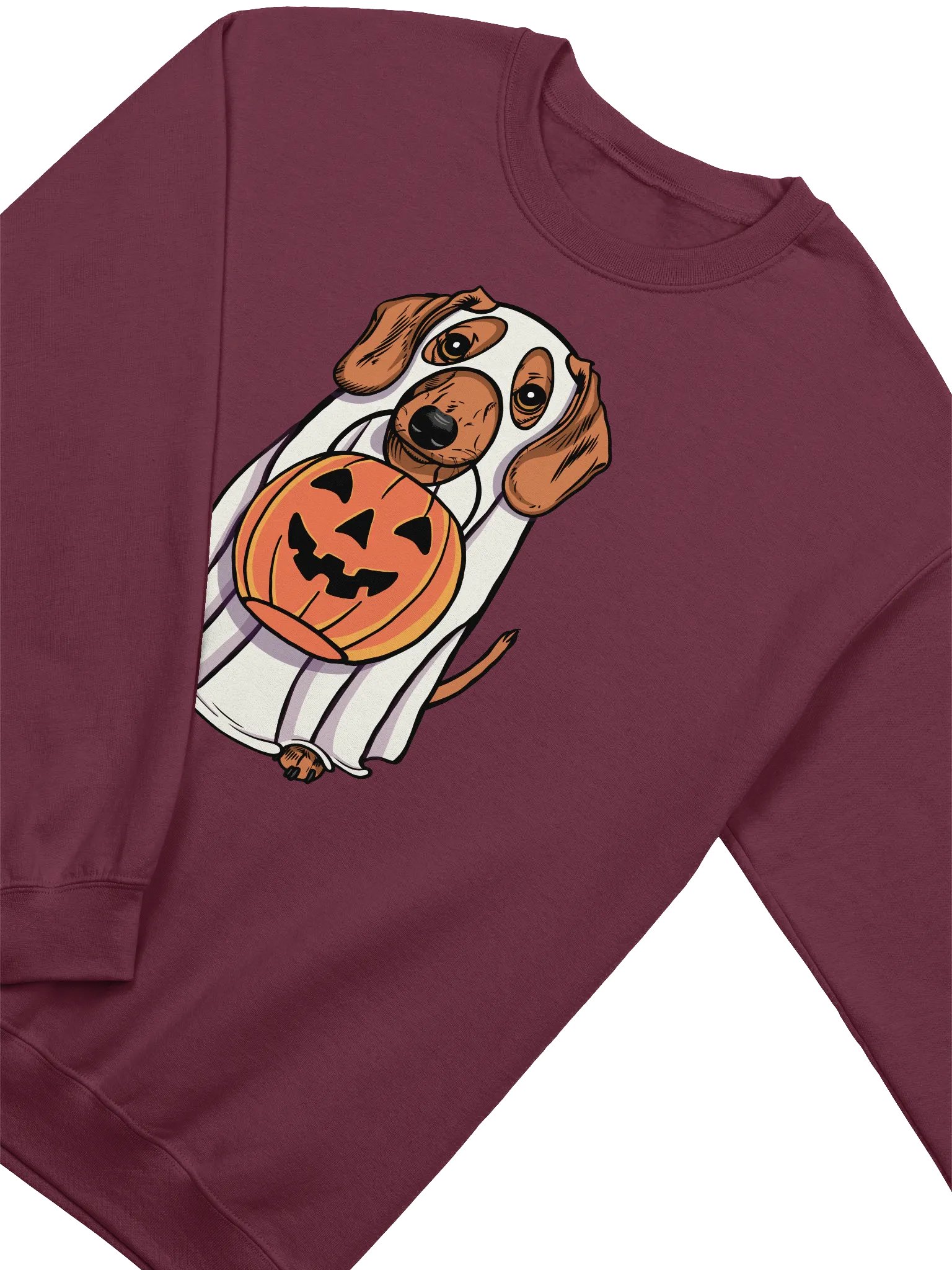 Funny Halloween Dachshund(Tan) Sweatshirt | Funny Doxie/Wiener Wearing a Ghost Costume and Holding a Pumpkin Basket product image (4)