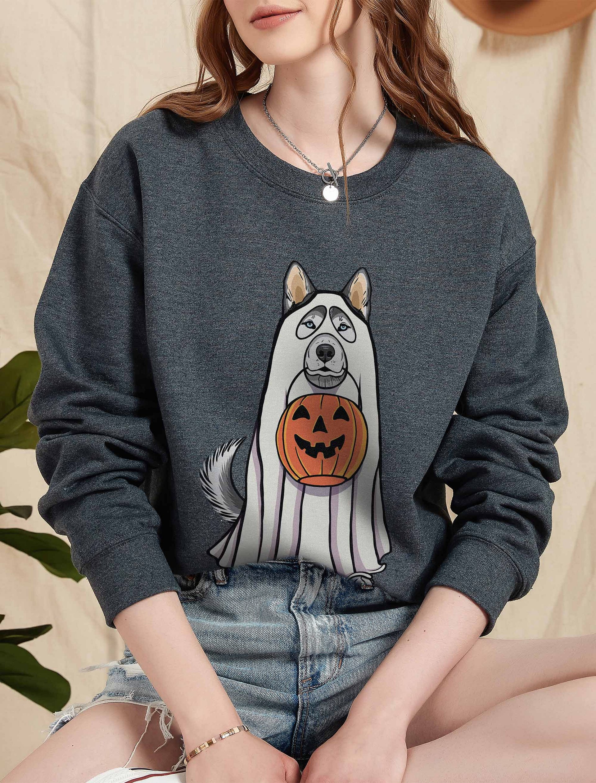 Funny Halloween Siberian Husky Sweatshirt | Funny Husky Wearing a Ghost Costume and Holding a Pumpkin Basket product image (2)