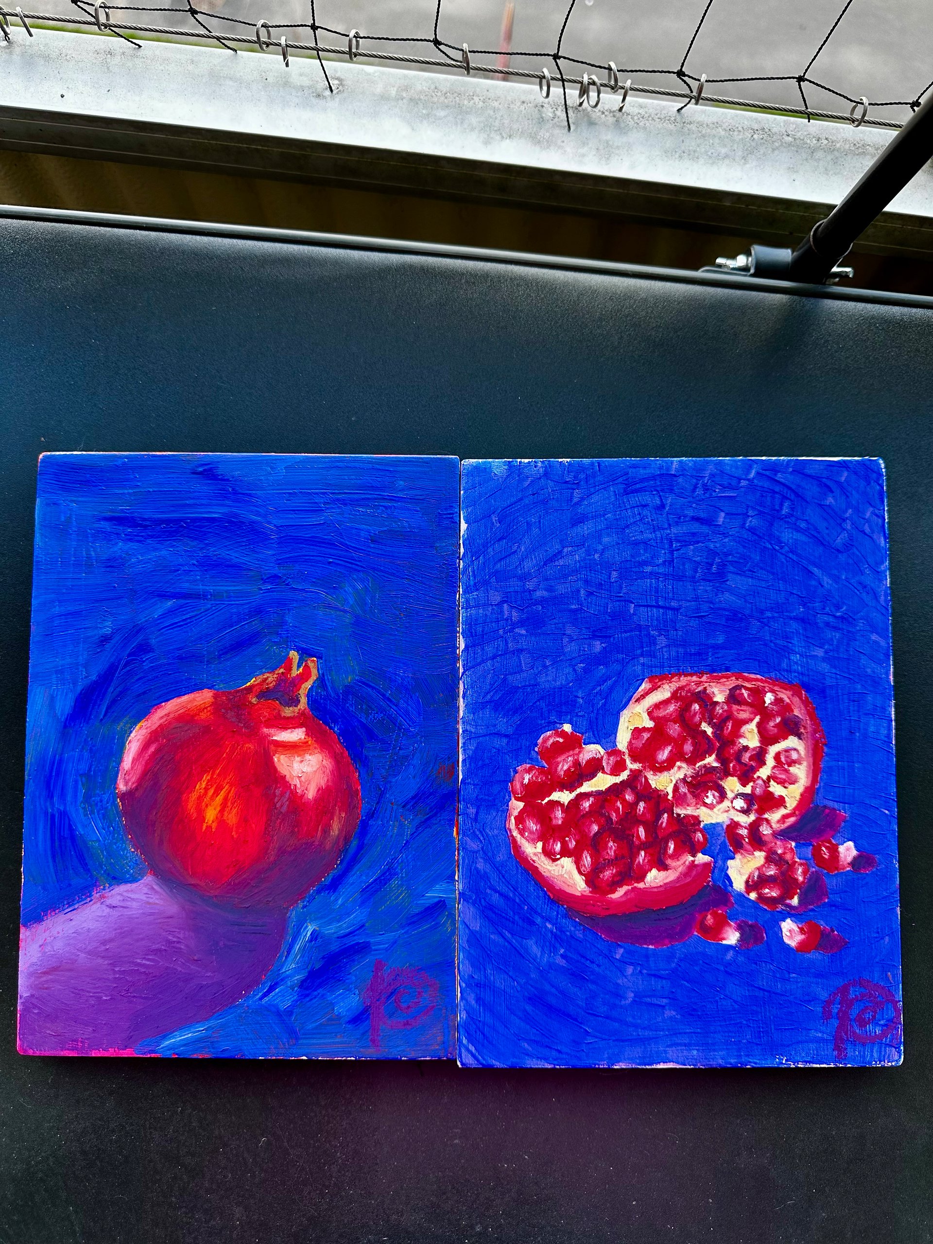 'worth the effort' pomegranate diptych acrylic + oil pastel on wood panel product image (1)
