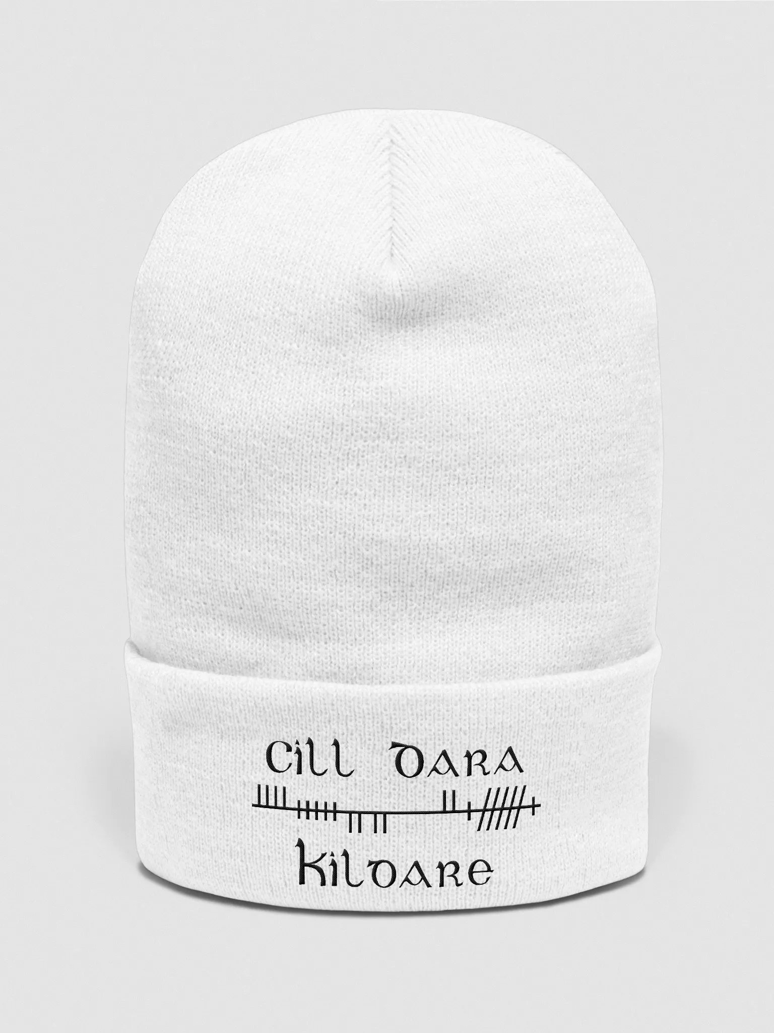 Kildare/Cill Dara Orthodox Style Ogham, white with black, embroidered Cuffed Beanie product image (1)
