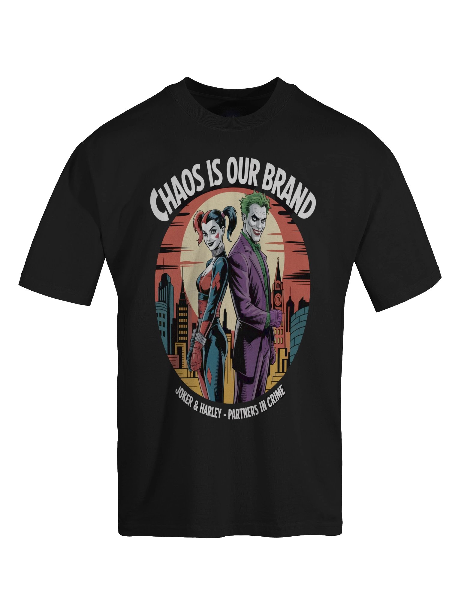 Chaos is Our Brand: Joker & Harley Gotham Twilight Partners Oversized Faded Unisex T-Shirt product image (1)