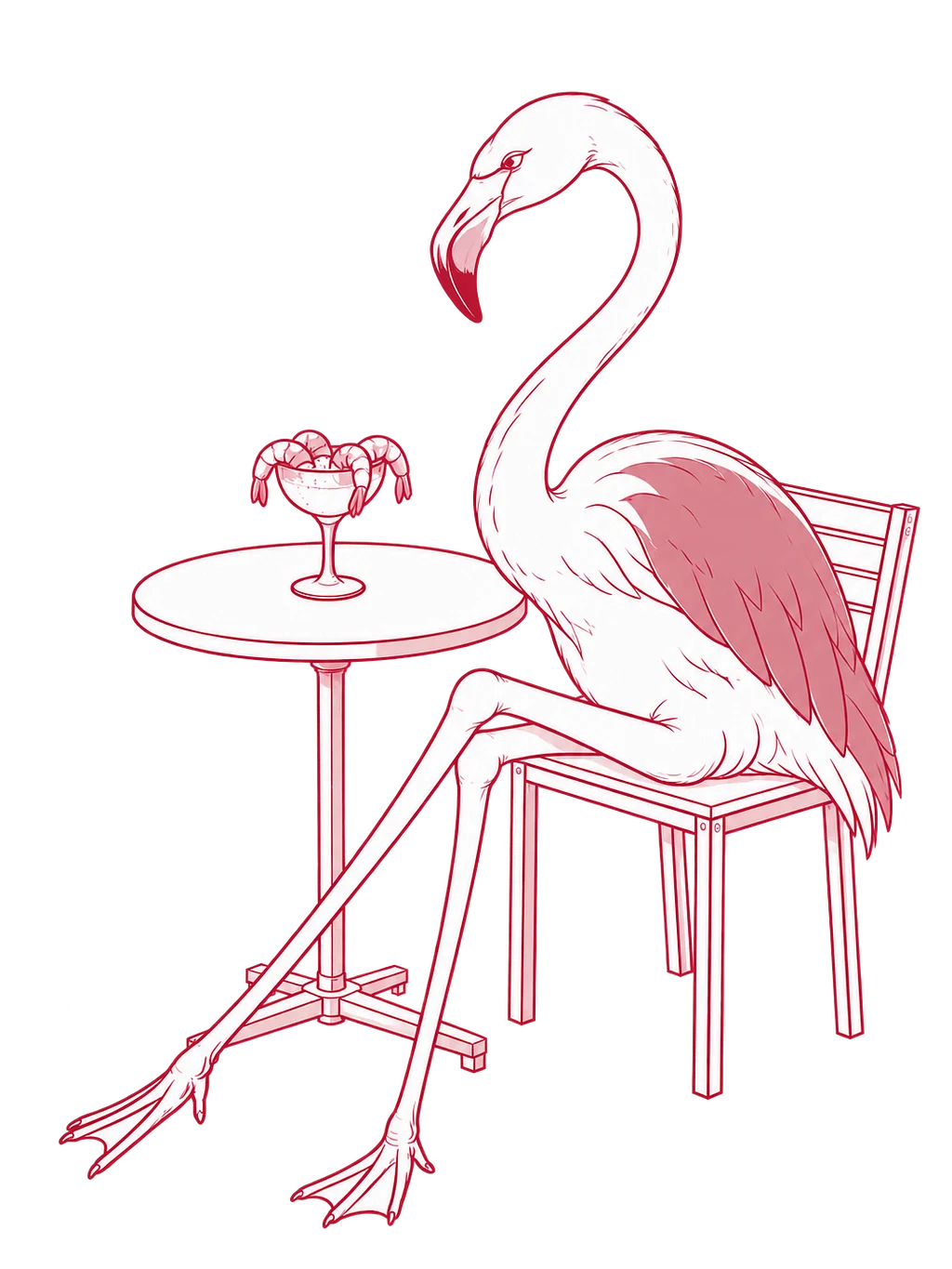 Long Lunch: a dusty-rose flamingo at a café table, eyeing a prawn cocktail.