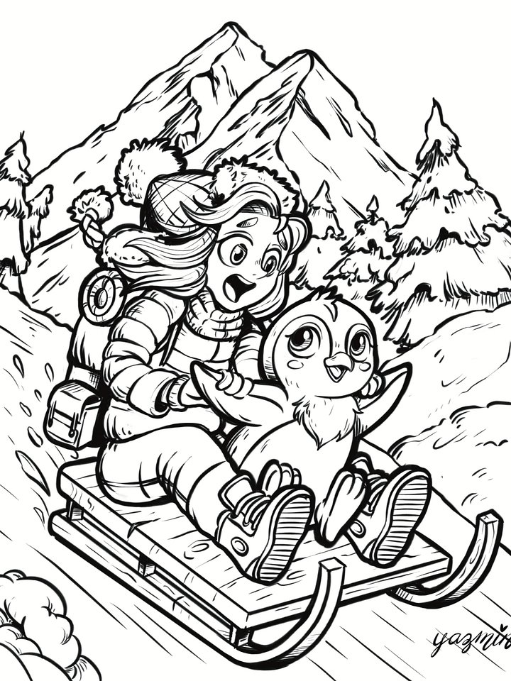 Snowy Adventure Coloring Page: Child & Penguin Toboggan Fun product image (1)