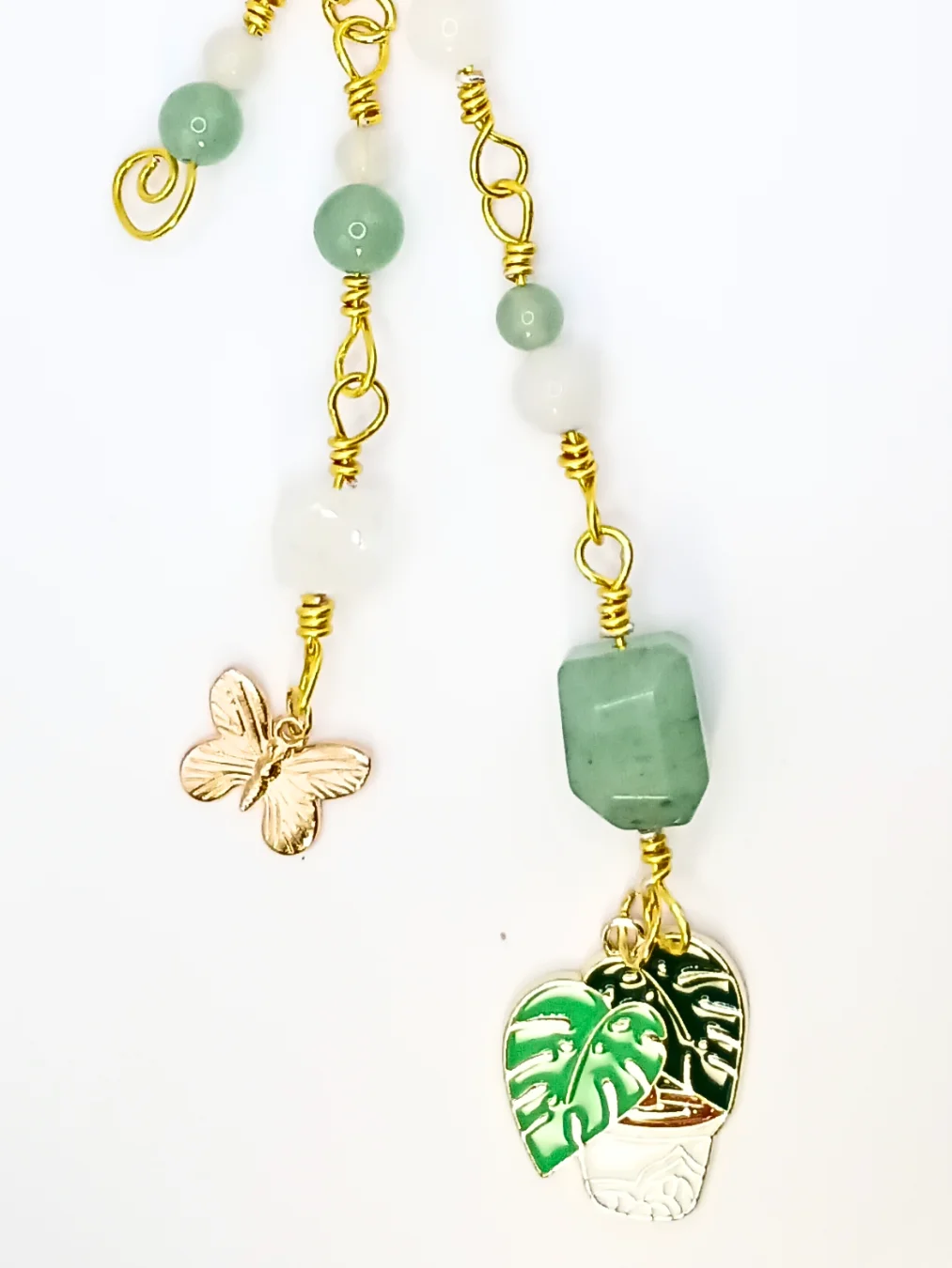 Monstera Plant Purse Charm | Green Aventurine & Quartz, Gold-Tone | "Spring Tidings!" product image (1)