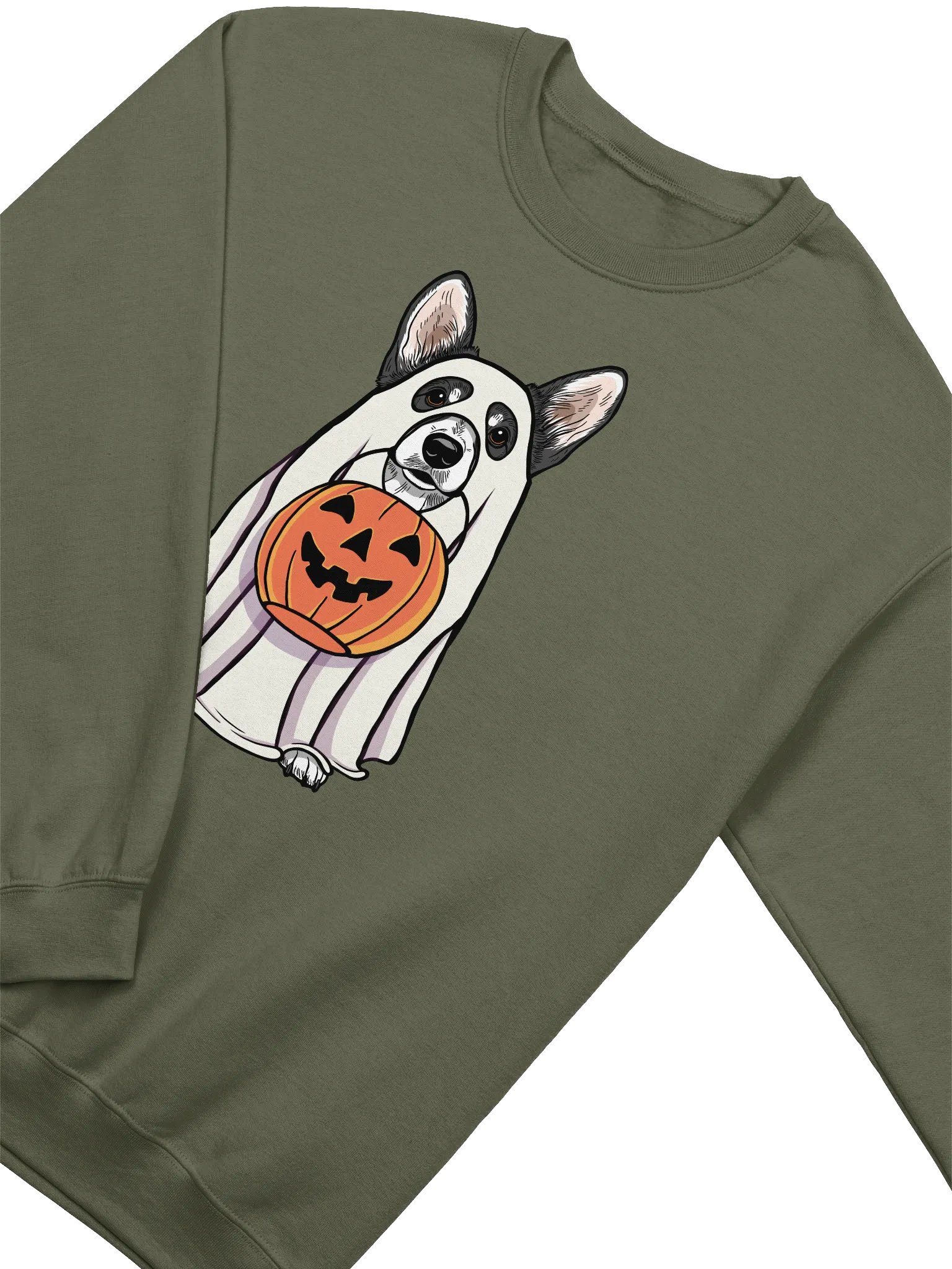 Funny Halloween Cardigan Welsh Corgi(Black & White) Sweatshirt | Funny Corgi Wearing a Ghost Costume and Holding a Pumpkin Basket product image (4)