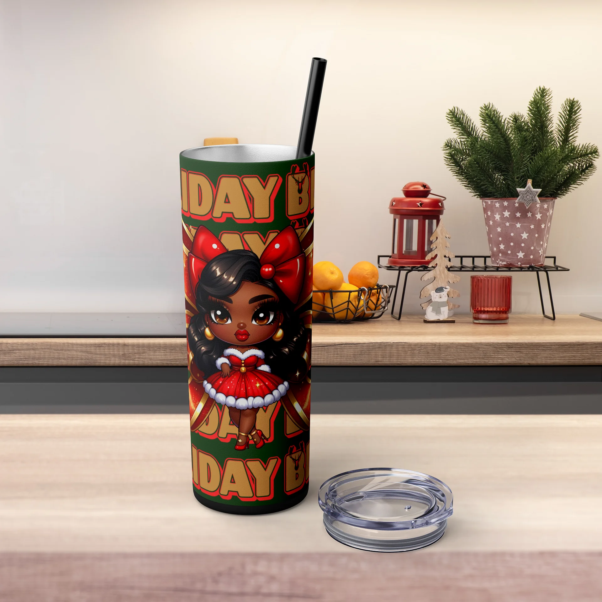 Holiday Bliss Christmas Tumbler Wrap Design, Festive Black Girl Clipart, Christmas Bow Sublimation PNG, Red and Green Holiday Cheer Art product image (5)