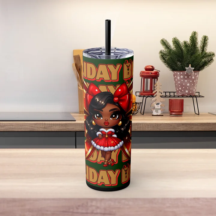 Holiday Bliss Christmas Tumbler Wrap Design, Festive Black Girl Clipart, Christmas Bow Sublimation PNG, Red and Green Holiday Cheer Art product image (2)