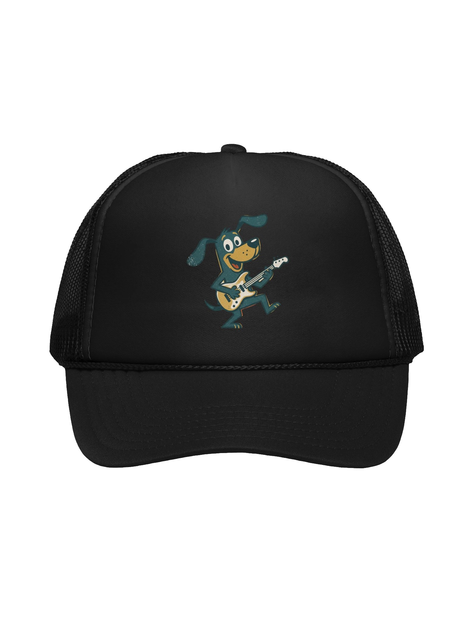 Retro Dog Playing Bass Guitar Trucker Hat – Vintage Cartoon Bassist Cap, Funny Musician Gift for Dog Lovers product image (1)