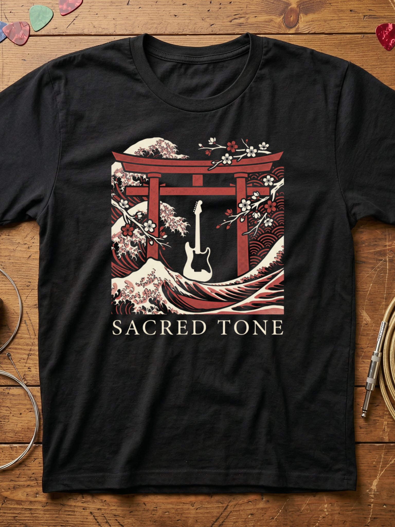 Sacred Tone Guitar T-Shirt — Japanese Torii Gate Guitarist Tee | Minimalist Music T-Shirt product image (1)