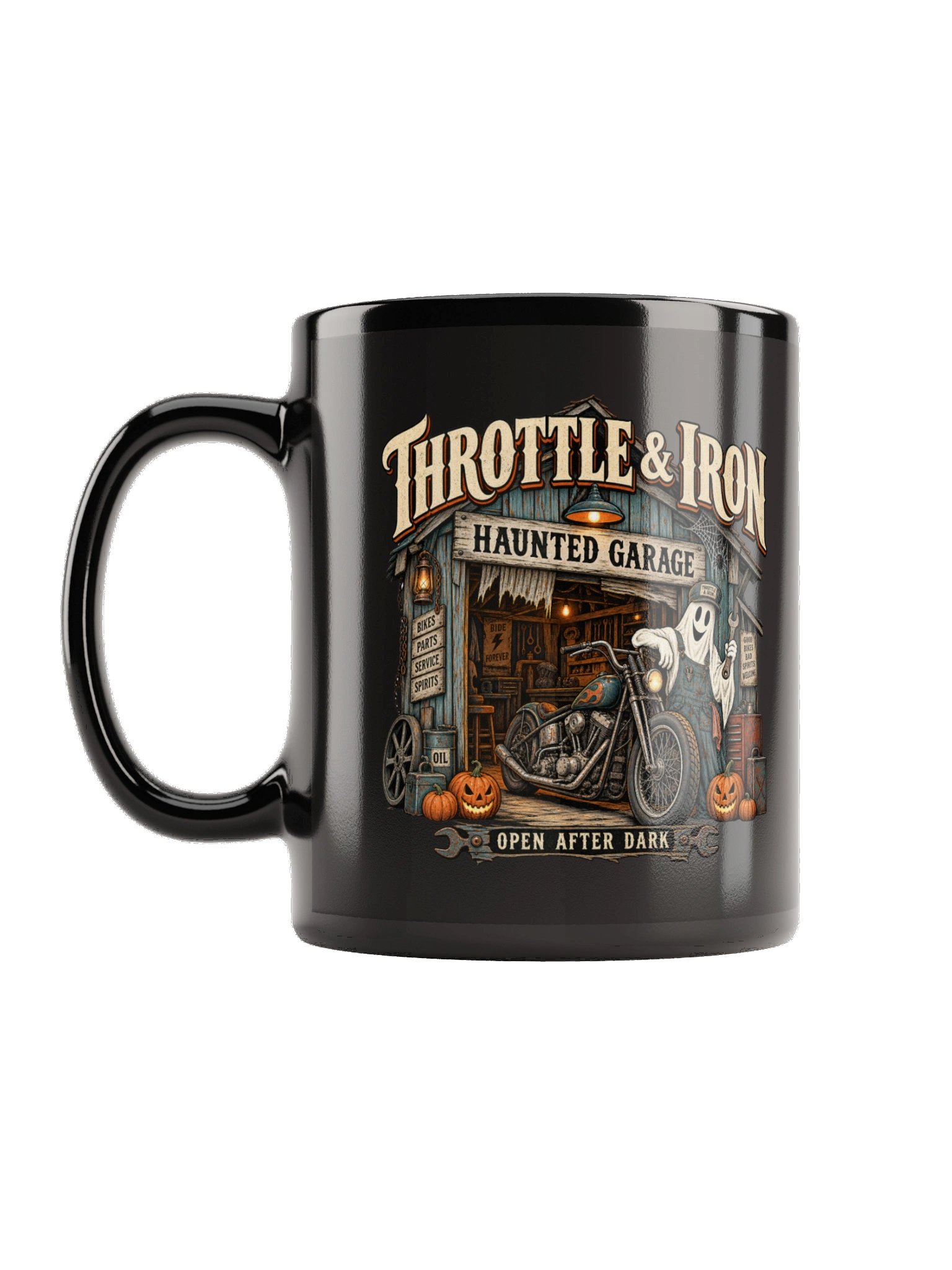 Throttle & Iron Haunted Garage Halloween Bike Mug product image (1)