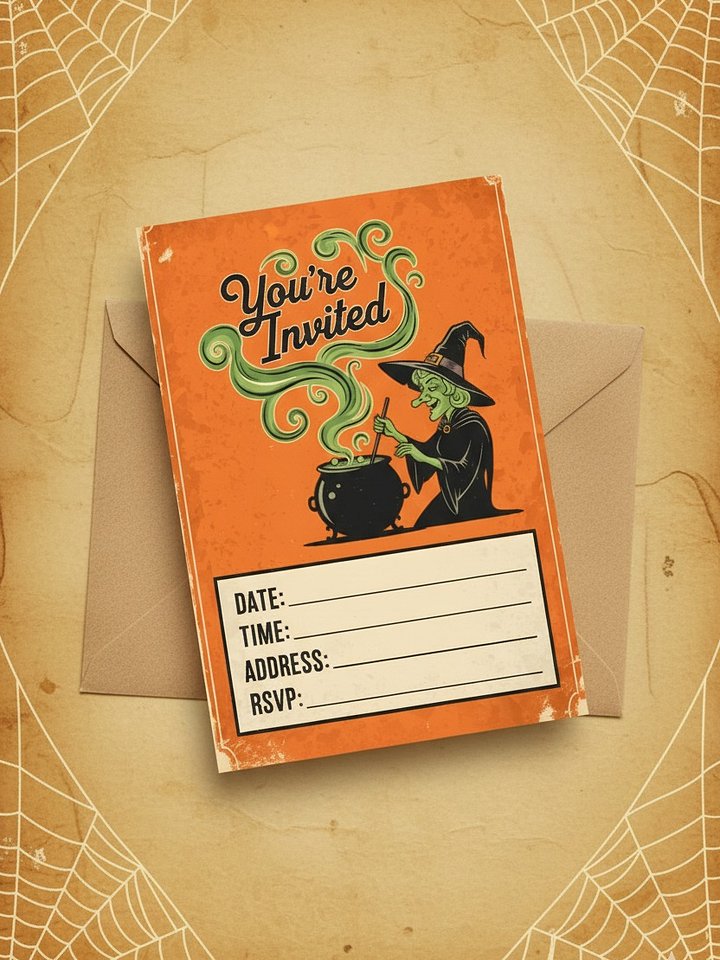 Halloween Party Invitation Card | Retro Witch and Cauldron Design | Vintage Spooky Printable Invite Card product image (1)