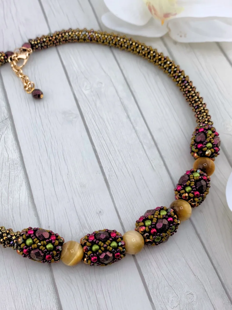 Tubular Chenille, Tigers Eye, and Beaded Bead Memory Wire Necklace product image (4)